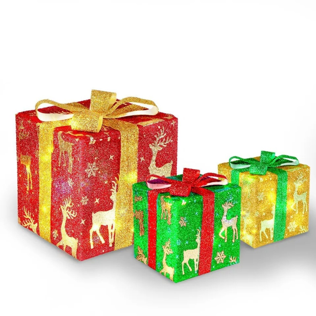 Set of 3 Christmas Lighted Gift Boxes 50 LED Present Ornament with Ribbon Bows